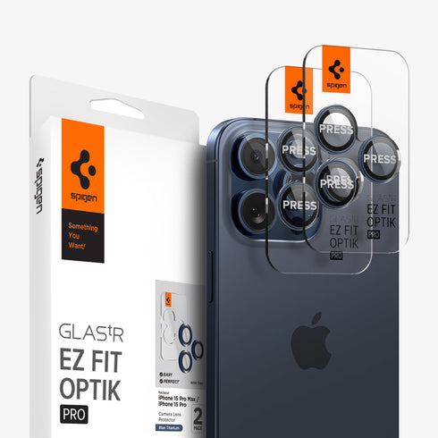 AGL07163 - iPhone 15 Pro / 15 Pro Max Optik Pro Lens Protector in natural titanium showing the device